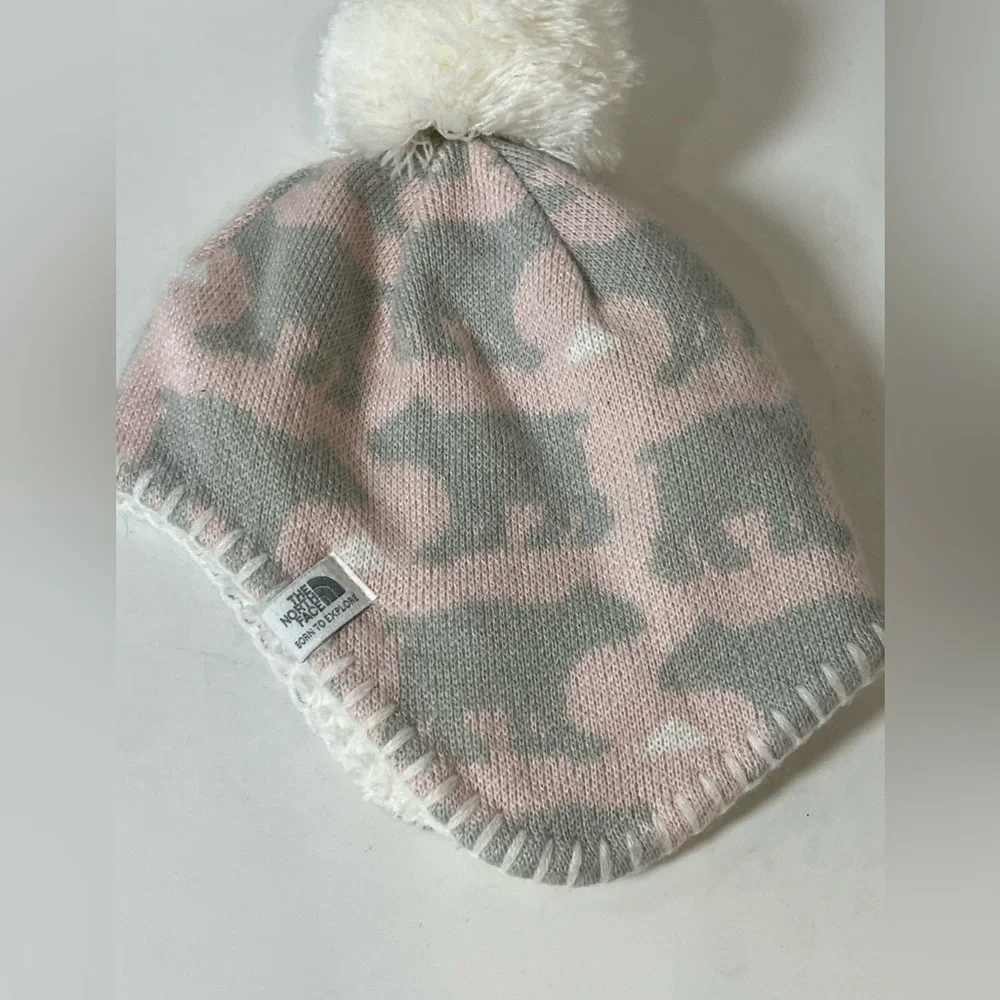 The North Face Baby XXS 0-6 Months Pink and Gray Bear Hat with Pom-Pom